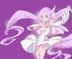 Rule 34 | 10s, 1girl, ahoge, breasts, capelet, choker, gloves, heartcatch precure!, long hair, makacoon, mugen silhouette, outstretched arms, panties, pantyshot, pink eyes, pink hair, precure, purple background, skirt, small breasts, smile, solo, spread arms, thighhighs, twintails, underwear, upskirt, white choker, white panties