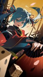 Rule 34 | 1girl, aqua eyes, aqua hair, black gloves, covered navel, dice, fingerless gloves, gloves, hair between eyes, hair ribbon, hand fan, hatsune miku, highres, holding, holding fan, japanese clothes, jiu ye sang, leaf, long hair, long sleeves, looking at viewer, open mouth, outdoors, petals, red petals, red ribbon, ribbon, sidelocks, sky, smile, solo, teeth, twintails, upper teeth only, very long hair, vocaloid, yellow sky