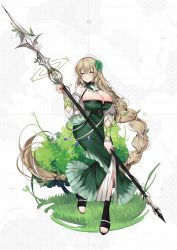 Rule 34 | #compass, 1girl, absurdly long hair, black footwear, blonde hair, blue gemstone, boots, braid, breasts, brooch, cleavage, cross-laced footwear, crossed bangs, dress, elf, female focus, flower, frills, full body, gem, glint, grass, green dress, green flower, green gemstone, green nails, hair flower, hair ornament, hair ribbon, hand up, highres, holding, holding polearm, holding spear, holding weapon, huge breasts, jewelry, knees together feet apart, long hair, machi (7769), mole, mole on breast, nail polish, official art, outdoors, pointy ears, polearm, ponytail, raglan sleeves, ribbon, rose, second-party source, skindentation, solo, spear, standing, stellea lala silva, toeless footwear, very long hair, weapon, white background, white flower, white ribbon, white rose, white sleeves