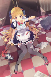 Rule 34 | 1girl, ahoge, apron, arm cuffs, arm up, artist request, black thighhighs, blonde hair, blush, bow, bridal garter, broom, bucket, cinia pacifica, drill hair, footwear bow, frilled skirt, frills, from above, hair ribbon, indoors, knees together feet apart, long hair, lowres, maid, maid apron, panda, pink eyes, ribbon, shoes, sitting, skirt, solo, striped ribbon, stuffed animal, stuffed panda, stuffed toy, sword girls, thighhighs, wet