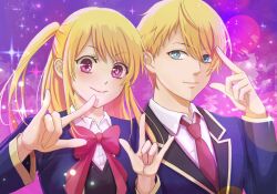 Rule 34 | 1boy, 1girl, blazer, blonde hair, blue eyes, blue jacket, blush, bow, bowtie, brother and sister, chinese commentary, closed mouth, collared shirt, commentary request, double w, dress shirt, hair between eyes, highres, hoshino aquamarine, hoshino ruby, jacket, lens flare, long hair, long sleeves, looking at viewer, mismatched pupils, n.wiz, necktie, one side up, open clothes, open jacket, oshi no ko, pink background, pink bow, pink bowtie, pink eyes, red necktie, school uniform, shirt, short hair, siblings, sidelocks, smile, sparkle, star-shaped pupils, star (symbol), symbol-shaped pupils, twins, upper body, w, white shirt, youtou high school uniform