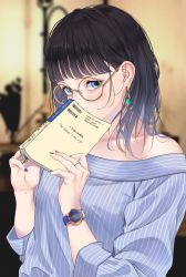 Rule 34 | 1girl, bad id, bad pixiv id, bare shoulders, black hair, blue eyes, blue nails, blue shirt, blunt bangs, blurry, blurry background, blush, book, closed mouth, collarbone, commentary request, depth of field, earrings, glasses, highres, holding, holding book, indoors, jewelry, long sleeves, nail polish, open book, original, ring, round eyewear, saitou (lynx-shrike), shirt, solo, striped clothes, striped shirt, upper body, vertical-striped clothes, vertical-striped shirt, watch, wristwatch, yellow-framed eyewear