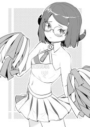 Rule 34 | 1girl, aged down, alternate costume, aru (blue archive), aru (young) (blue archive), blue archive, collarbone, commentary request, demon girl, demon horns, detached collar, glasses, greyscale, hair ornament, hairclip, halo, highres, holding, holding pom poms, horns, looking at viewer, millennium cheerleader outfit (blue archive), monochrome, navel, official alternate hairstyle, parted bangs, pom pom (cheerleading), pom poms, short hair, sidelocks, simple background, sleeveless, solo, stomach, takano itsuki