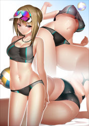 Rule 34 | 1girl, ass, ball, beach volleyball, bikini, blush, breasts, brown eyes, brown hair, closed mouth, collarbone, commentary request, from below, groin, holding, holding ball, large breasts, looking at viewer, lying, machimura komori, medium breasts, multiple views, navel, on back, original, playing sports, simple background, skindentation, sports sunglasses, standing, sunglasses, swimsuit, underboob, visor cap, volleyball, volleyball (object)