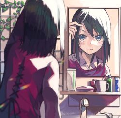 Rule 34 | 1girl, black hair, blue eyes, blush, faucet, highres, looking at mirror, mirror, original, plant, red sweater, short hair, sink, solo, sweater vest, toothbrush, toothpaste, ukimesato, vines