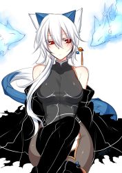Rule 34 | 1girl, animal ears, bare shoulders, black thighhighs, bodysuit, breasts, closed mouth, commentary request, hair between eyes, hair ornament, hairpin, horns, konshin, medium breasts, original, red eyes, sitting, solo, tail, thighhighs, white background, white hair