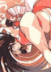 Rule 34 | 1girl, ass, ass focus, breasts, cleavage, e-kaki, fatal fury, from behind, hand fan, large breasts, long hair, ponytail, red eyes, shiranui mai, sleeveless, the king of fighters, thong