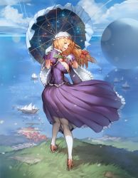 Rule 34 | 1girl, absurdres, bad id, bad twitter id, blonde hair, blue sky, boat, breasts, brown footwear, cloud, commentary request, day, dress, folding fan, frilled sleeves, frills, full body, gloves, grass, hair ribbon, hand fan, hand up, high heels, highres, holding, holding fan, holding umbrella, juliet sleeves, large breasts, long hair, long sleeves, outdoors, pantyhose, petticoat, puffy sleeves, purple dress, red eyes, red ribbon, ribbon, saejin oh, scenery, shadow, sky, solo, standing, star (sky), starry sky, touhou, twisted torso, umbrella, water, watercraft, white gloves, white pantyhose, white umbrella, wide sleeves, yakumo yukari