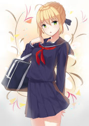 Rule 34 | 1girl, :o, ahoge, arm behind back, artoria pendragon (fate), bag, black serafuku, blonde hair, capsule servant, commentary request, fate (series), floral background, green eyes, highres, looking at viewer, master artoria, pleated skirt, saber (fate), school bag, school uniform, serafuku, short hair, skirt, solo, uniform, unscpro, upper body