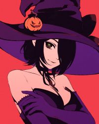 Rule 34 | 1girl, bare shoulders, black hair, breasts, chainsaw man, choker, cleavage, elbow gloves, gloves, green eyes, hair over one eye, hat, looking at viewer, moshimoshibe, purple gloves, red background, reze (chainsaw man), short hair, simple background, smile, solo, witch hat