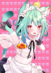 Rule 34 | 1girl, ahoge, animal ears, apron, bandaid, bandaids on nipples, cat ears, cat tail, feeding, food, gradient hair, green hair, hand on own face, heart, heart-shaped pupils, hololive, looking at viewer, maid, maid apron, maid headdress, moizumi shipon, multicolored hair, pasties, pink background, piyoko (uruha rushia), solo, spoon, symbol-shaped pupils, tail, text background, translated, uruha rushia, virtual youtuber, wrist cuffs, yandere