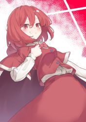 Rule 34 | 1girl, blush, bow, bowtie, cape, capelet, from below, garasuno, grin, hair between eyes, highres, long sleeves, looking at viewer, okazaki yumemi, red bow, red bowtie, red cape, red capelet, red eyes, red hair, red skirt, shirt, short hair, simple background, skirt, smile, solo, touhou, touhou (pc-98)