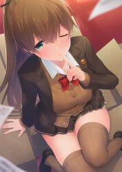Rule 34 | 1girl, :o, black footwear, blazer, blush, bow, bowtie, breasts, brown hair, brown jacket, brown thighhighs, finger to mouth, green eyes, hair between eyes, highres, index finger raised, jacket, kantai collection, kumano (kancolle), large breasts, long hair, long sleeves, looking at viewer, one eye closed, parted lips, pleated skirt, ponytail, school uniform, sitting, skirt, solo, thighhighs, yuasa makoto