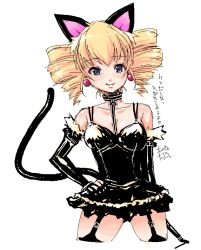 Rule 34 | 1girl, animal ears, black thighhighs, blonde hair, blue eyes, cat ears, contrapposto, drill hair, earrings, elbow gloves, garter straps, gloves, hand on own hip, jewelry, looking at viewer, oekaki, onija tarou, simple background, smile, solo, tail, text focus, thighhighs, translation request, twin drills, white background, zettai ryouiki