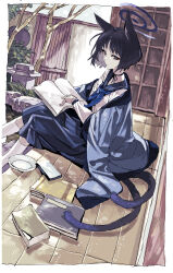 Rule 34 | 1girl, animal ears, architecture, black hair, black ribbon, blue archive, blue eyes, blue neckerchief, blue sailor collar, blue skirt, book, book stack, border, cat ears, cat girl, cat tail, choker, day, dutch angle, east asian architecture, eyeshadow, feet out of frame, from side, halo, haori, highres, holding, holding book, jacket, jacket on shoulders, japanese clothes, kikyou (blue archive), kneehighs, long skirt, long sleeves, looking at viewer, makeup, multiple tails, neckerchief, nobita (makoto7060355), open book, outdoors, parted lips, red eyeshadow, ribbon, ribbon choker, sailor collar, school uniform, serafuku, shirt, short hair, skirt, socks, solo, tail, tree, veranda, white border, white shirt, white socks