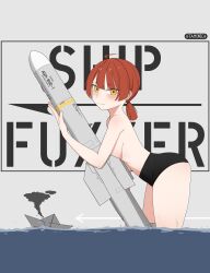 Rule 34 | 1girl, arrow (symbol), artist name, atamonica, black bikini bottom, blush, breast press, closed mouth, from side, harpoon missile, highres, holding missile, leaning forward, looking at viewer, medium hair, original, red hair, ship, smile, smoke, solo, topless, wading, water, watercraft, yellow eyes