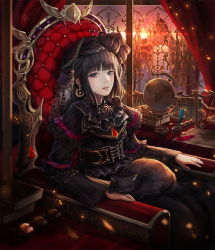 Rule 34 | 1girl, bad id, bad pixiv id, black eyes, black hair, book, cat, chair, feathers, globe, jname, lolita fashion, looking at viewer, original, red upholstery, sunset, throne, weighing scale