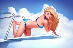 Rule 34 | 1girl, all fours, barefoot, bikini, black bow, blonde hair, blue bikini, blue hairband, blue sky, bow, breasts, character request, check character, cloud, cloudy sky, commentary, day, diving board, earrings, female focus, from side, full body, hairband, highres, jewelry, large breasts, league of legends, long hair, lux (league of legends), open mouth, outdoors, polka dot, polka dot bikini, sky, solo, swimsuit, teeth, tsuaii, upper teeth only