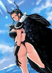 Rule 34 | 1girl, armor, ass, bikini armor, black hair, blue eyes, boots, breasts, cape, cleavage, horn, large breasts, long hair, nico robin, one piece, smile, thong, tina fate