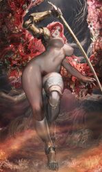 Rule 34 | 1girl, amputee, aoin, blade, breasts, bug, butterfly, butterfly wings, cleft of venus, covered eyes, curvy, elden ring, female pubic hair, highres, holding, holding sword, holding weapon, insect, insect wings, katana, large breasts, lips, long hair, looking at viewer, malenia blade of miquella, malenia goddess of rot, mechanical arms, nipples, nude, prosthesis, prosthetic arm, prosthetic leg, pubic hair, pussy, red eyes, red hair, red lips, shiny skin, solo, sword, thick thighs, thighs, triple amputee, weapon, wide hips, wings