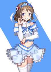 Rule 34 | 1girl, absurdres, blue eyes, cleavage cutout, clothing cutout, collarbone, commentary request, detached sleeves, earrings, female focus, highres, jewelry, koi ni naritai aquarium, light brown hair, love live!, love live! sunshine!!, midriff, miniskirt, navel, short hair, sidelocks, skirt, solo, thighhighs, watanabe you, white thighhighs, yeong r6