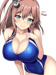 Rule 34 | 1girl, blue eyes, blue one-piece swimsuit, blush, breasts, brown hair, cleavage, competition swimsuit, covered navel, cowboy shot, dated, hair between eyes, high side ponytail, highleg, highleg swimsuit, highres, impossible clothes, impossible swimsuit, kantai collection, large breasts, long hair, looking at viewer, montemasa, multicolored clothes, multicolored swimsuit, one-hour drawing challenge, one-piece swimsuit, ponytail, saratoga (kancolle), side ponytail, simple background, smile, smokestack, smokestack hair ornament, solo, swimsuit, twitter username, two-tone swimsuit, white background