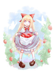 Rule 34 | 1girl, apron, blonde hair, blue dress, blue eyes, bow, bug, butterfly, capelet, doll, doll joints, dress, food, fruit, hair bow, highres, hoshibuchi, bug, joints, long hair, looking at viewer, shanghai doll, skirt basket, smile, solo, strawberry, touhou, very long hair, waist apron