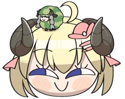 Rule 34 | 1girl, ahoge, animalization, blonde hair, blue eyes, blush, blush stickers, closed mouth, dual persona, face, female focus, hair ornament, hair ribbon, hairclip, half-closed eyes, happy, hololive, horns, jaggy lines, looking to the side, pink ribbon, ribbon, sheep, sheep girl, sheep horns, short hair, sidelocks, simple background, smile, straight-on, tsunomaki watame, vilepluff, virtual youtuber, white background