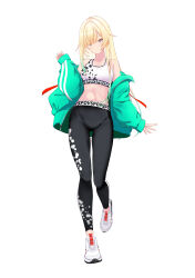 Rule 34 | 1girl, absurdres, aizawa ema, aqua hair, bare shoulders, black pants, blonde hair, clothes writing, commentary request, copyright name, gradient hair, green jacket, grey eyes, hair flaps, hair over one eye, highres, jacket, long hair, long sleeves, looking at viewer, midriff, multicolored hair, navel, nouto, off shoulder, open clothes, open jacket, pants, shoes, simple background, smile, sneakers, solo, sports bra, sportswear, very long hair, virtual youtuber, vspo!, walking, white background, white footwear, white sports bra