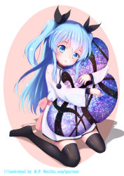 Rule 34 | 10s, 1girl, black thighhighs, blue eyes, blue hair, dress, full body, guxi, highres, hug, long hair, matching hair/eyes, noel (sora no method), hugging object, pillow, pillow hug, ribbon, sitting, solo, sora no method, sparkle, thighhighs, twintails, two side up, white dress