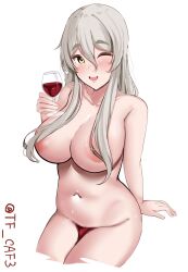 Rule 34 | 1girl, alcohol, areola slip, blush, breasts, brown eyes, covered erect nipples, covered pussy, drunk, grey hair, highres, kantai collection, large breasts, long hair, looking at viewer, navel, nude, one eye closed, open mouth, pola (kancolle), sitting, smile, solo, tf cafe, twitter username, wavy hair, white background, wine
