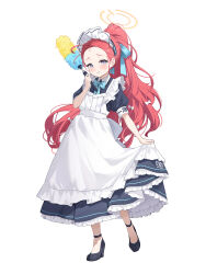 Rule 34 | 1girl, apron, black dress, black footwear, blue archive, blush, dress, duster, frilled apron, frilled dress, frills, full body, halo, high heels, highres, holding, holding duster, long hair, looking at viewer, maid, maid apron, maid headdress, midori xu, official alternate costume, open mouth, orange halo, puffy short sleeves, puffy sleeves, purple eyes, red hair, short sleeves, simple background, solo, white apron, white background, yuzu (blue archive), yuzu (maid) (blue archive)