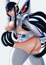 Rule 34 | 1girl, artist name, ass, black hair, breasts, cleavage, highres, huge ass, junketsu, kill la kill, kiryuuin satsuki, large breasts, long hair, lyn nyl, no panties, noblood (ryandomonica), solo, thick eyebrows, thick thighs, thighs, walking, white background