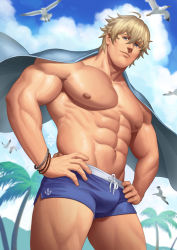 Rule 34 | 1boy, abs, bara, blonde hair, blue eyes, blue male swimwear, blue swim trunks, bracelet, cape, closed mouth, cloud, fate/extra, fate/grand order, fate (series), gawain (fate), highres, jewelry, large pectorals, looking at viewer, male focus, male swimwear, muscular, muscular male, navel, nipples, official alternate costume, outdoors, pectorals, short hair, sky, solo, summer, swim trunks, swimsuit, xelgot