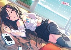 Rule 34 | 1girl, bra strap, breasts, digital media player, handheld game console, highres, long hair, loose thighhigh, lying, medium breasts, nail polish, novel illustration, off shoulder, on side, open clothes, open mouth, open shirt, original, peragura, shirt, skirt, sleeping, solo, thighhighs