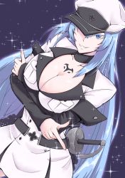 Rule 34 | 10s, 1girl, akame ga kill!, blue eyes, blue hair, breast hold, breasts, choker, cleavage, esdeath, grin, hat, highres, large breasts, long hair, looking at viewer, matching hair/eyes, military, military uniform, peaked cap, profnote, simple background, smile, solo, sword, tattoo, uniform, very long hair, weapon