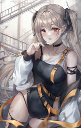 Rule 34 | 1girl, absurdres, bare shoulders, black choker, black leotard, black thighhighs, bow, breasts, choker, collarbone, cowboy shot, grey hair, hair bow, hand up, highres, jacket, large breasts, leotard, long hair, long sleeves, looking at viewer, off shoulder, open clothes, open jacket, open mouth, original, panty straps, pippin (pippin sol), red eyes, sideless outfit, smile, solo, thighhighs, thighs, twintails, very long hair, white jacket