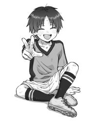 Rule 34 | 1boy, blush, child, dirty, elementary schoolboy, facial mark, forehead mark, full body, greyscale, highres, knees, male child, male focus, mole, mole under eye, monochrome, open mouth, original, shirt, shoes, short hair, shorts, simple background, sitting, smile, sneakers, soccer uniform, socks, solo, sportswear, squatting, sweat, sweatdrop, v, white background