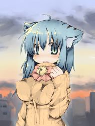 Rule 34 | 1girl, ahoge, animal ears, bad id, bad pixiv id, bell, blue eyes, blue hair, blush, breasts, cat ears, covered erect nipples, fang, highres, huge breasts, impossible clothes, impossible sweater, jingle bell, large breasts, matching hair/eyes, necco (tefun), no nose, orange shirt, original, ribbed sweater, shirt, short hair, slit pupils, solo, sweater, tefun, tefun (tehun), turtleneck
