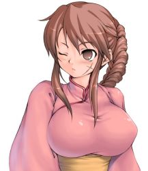 Rule 34 | 1girl, blush, braid, breasts, brown eyes, brown hair, chabo (fuketsudan), character request, japanese clothes, kimono, large breasts, one eye closed, scar, solo, wink