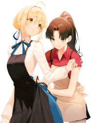 Rule 34 | 2girls, :o, absurdres, ahoge, alternate costume, apron, artoria pendragon (all), artoria pendragon (fate), black apron, blonde hair, blue eyes, blue ribbon, blue skirt, braid, brown hair, closed mouth, collared shirt, commentary, cowboy shot, fate/stay night, fate (series), green eyes, grey apron, hair bun, hair ribbon, high ponytail, highres, long hair, long sleeves, looking back, multiple girls, neck ribbon, official alternate costume, official alternate hairstyle, parted bangs, parted lips, ponytail, pro-p, red shirt, ribbon, saber (fate), shirt, short hair, sidelocks, simple background, single hair bun, skirt, symbol-only commentary, tohsaka rin, white background, white shirt