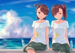 Rule 34 | 2girls, arm support, bracelet, brown eyes, brown hair, cloud, collarbone, day, futami ami, futami mami, holding hands, highres, idolmaster, idolmaster (classic), idolmaster movie, jewelry, lens flare, light smile, looking at another, matching outfits, multiple girls, ocean, open mouth, ramune, shadow striker, shirt, short hair, shorts, shoulder blades, siblings, side ponytail, sisters, sitting, sky, smile, t-shirt, white shirt