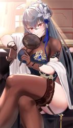 Rule 34 | 1girl, azur lane, black gloves, black nails, black thighhighs, blue dress, blush, bodystocking, breasts, cafenami, cleavage, closed mouth, crossed legs, dress, feet out of frame, flower, garter straps, gloves, grey hair, hair flower, hair ornament, hairband, hand fan, highres, holding, holding fan, long hair, looking at viewer, medium breasts, nail polish, official alternate costume, red eyes, saint-louis (alluring administrator) (azur lane), saint-louis (azur lane), see-through, see-through cleavage, sitting, solo, thighhighs, thighs
