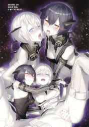 Rule 34 | 2girls, abyssal twin princess (black), aftersex, black dress, black hair, blue eyes, blush, breasts, censored, closed mouth, cum, cum in mouth, cum in pussy, dress, gradient background, hair between eyes, headgear, highres, kantai collection, looking at viewer, multiple girls, multiple views, night strait princess (white), open mouth, orange eyes, short hair, sleeveless, sleeveless dress, space, thighhighs, torn clothes, torn dress, white dress, white hair