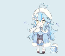 Rule 34 | 1girl, ahoge, animal, bear, beret, black vest, blade (galaxist), blue background, blue hair, blue jacket, blue scarf, blue skirt, blush, boots, braid, brown footwear, chibi, commentary request, daifuku (yukihana lamy), eating, eyebrows hidden by hair, fang, frilled skirt, frills, full body, fur-trimmed jacket, fur-trimmed sleeves, fur trim, hair between eyes, hat, heart, heart ahoge, holding, hololive, jacket, long hair, long sleeves, multicolored hair, pantyhose, pleated skirt, pointy ears, polar bear, scarf, shadow, skirt, sleeves past wrists, solo, standing, streaked hair, very long hair, vest, virtual youtuber, white hat, white pantyhose, yellow eyes, yukihana lamy