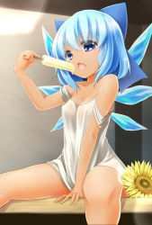 Rule 34 | barefoot, blue eyes, blue hair, blue ribbon, bow, cirno, food, getsuyou yasumi, hair bow, hidden star in four seasons, ice, ice wings, image sample, off shoulder, popsicle, ribbon, shirt, short hair, solo, strap slip, tan, touhou, white shirt, wings