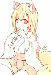 Rule 34 | animal ear fluff, animal ears, blonde hair, blush, chita (ketchup), closed mouth, flower, fox ears, fox girl, fox tail, hair between eyes, hair flower, hair ornament, hairclip, hands up, japanese clothes, kimono, long hair, long sleeves, looking at viewer, original, pleated skirt, red eyes, red skirt, short eyebrows, sitting, skirt, solo, tail, thick eyebrows, white kimono, wide sleeves