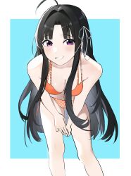 Rule 34 | 1girl, absurdres, akiyama-mon, awa subaru, bare arms, bare legs, bikini, black hair, blue background, breasts, cleavage, commentary, feet out of frame, girls band cry, grin, hair ribbon, highres, leaning forward, long hair, looking at viewer, medium breasts, orange bikini, parted lips, purple eyes, ribbon, smile, solo, swimsuit, two-tone background, white background, white ribbon
