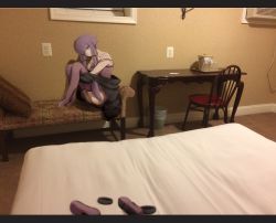 Rule 34 | 1girl, bare shoulders, bed, black coat, chair, coat, commentary, couch, desk, dress, hair ribbon, highres, hugging own legs, indoors, jacket, long hair, looking at viewer, munehiro (21plus), open clothes, open jacket, photo background, purple dress, purple eyes, purple footwear, purple hair, purple legwear, ribbon, shoes, unworn shoes, short sleeves, sidelocks, sitting, sleeves past wrists, table, tress ribbon, vocaloid, voiceroid, yuzuki yukari