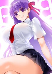 Rule 34 | 1girl, bb (fate), bb (fate/extra), black skirt, blush, breasts, collared shirt, crossed legs, engo (aquawatery), fate/extra, fate/extra ccc, fate (series), hair ribbon, highres, large breasts, long hair, looking at viewer, necktie, purple eyes, purple hair, red ribbon, ribbon, shirt, short sleeves, sitting, skirt, smile, thighs, very long hair, white shirt